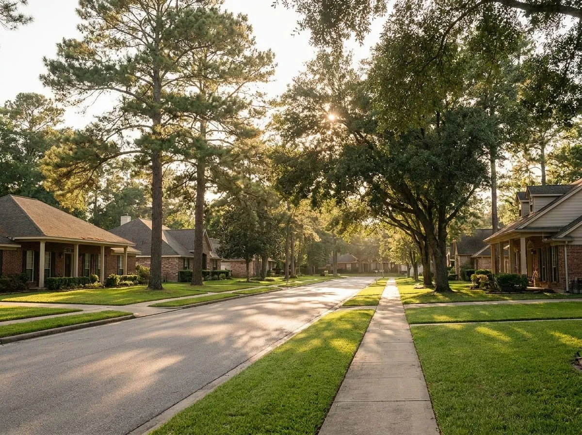 A quiet residential street in Spring, Texas, brick homes under tall pines and live oaks in late-afternoon light.