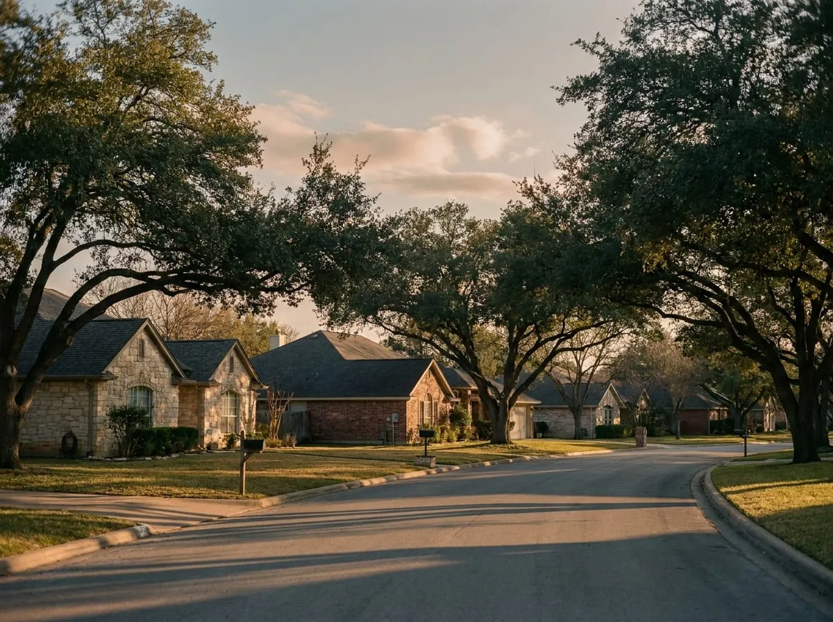 A street of limestone and brick homes under live oaks in Central Texas, late in the afternoon.
